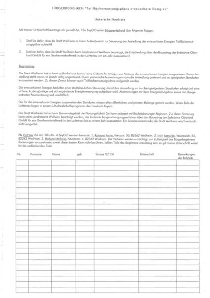 Weilheim – Unterschriftenliste für BÜRGERBEGEHREN