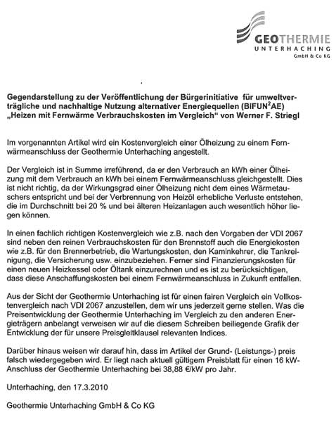 Korrespondenz mit Geothermie Unterhaching GmbH & Co KG